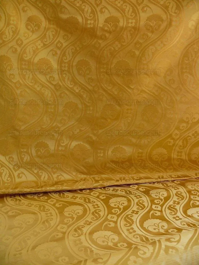 100% Silk Damask Peony River -  Curry Gold