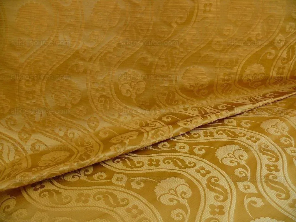 100% Silk Damask Peony River -  Curry Gold