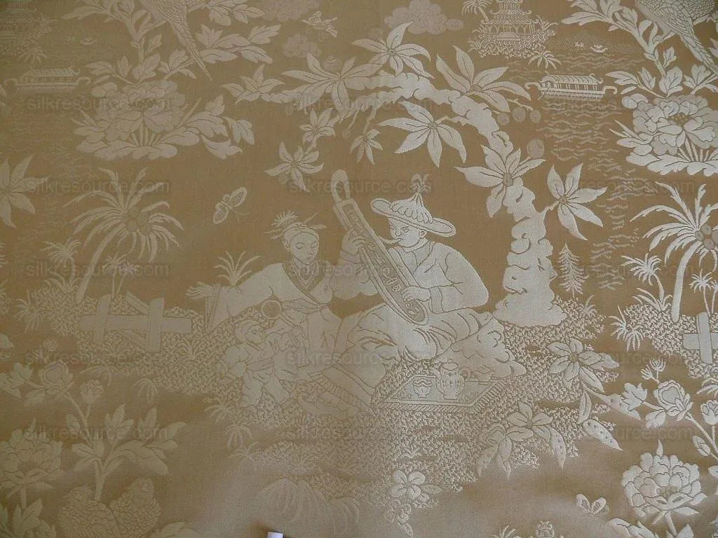 Bty 100% Silk Damask Chinoiserie Music Garden "whitegold"