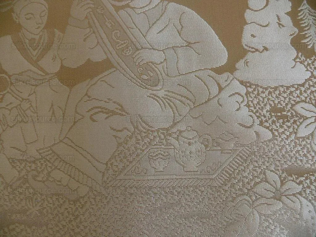 Bty 100% Silk Damask Chinoiserie Music Garden "whitegold"
