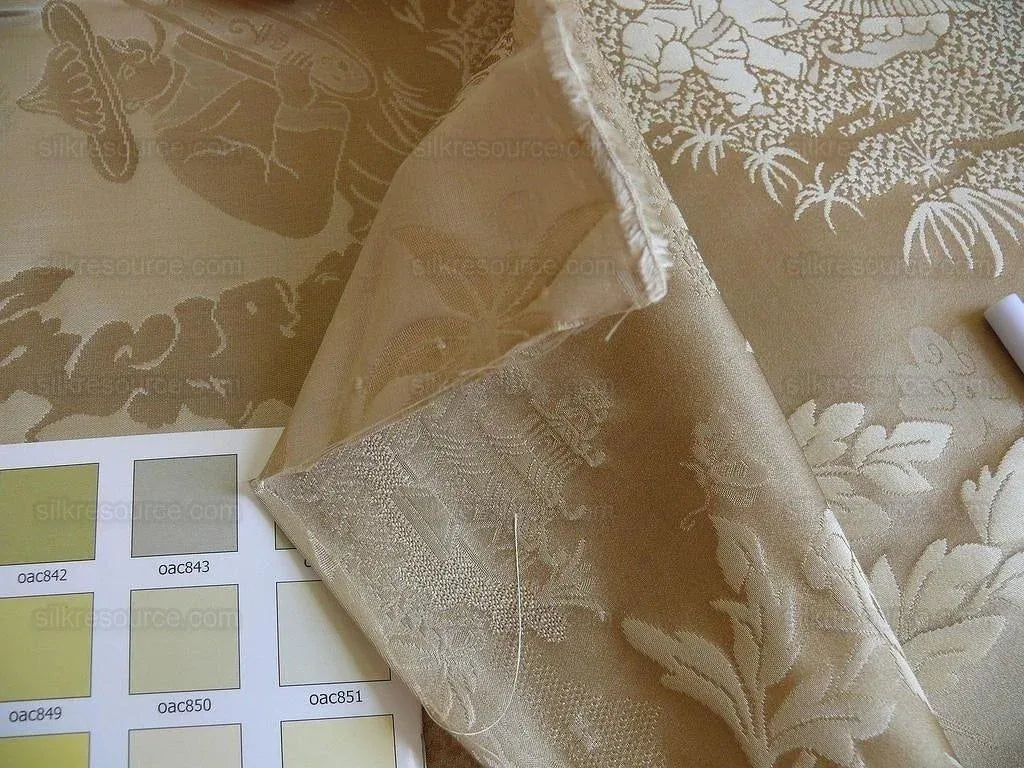Bty 100% Silk Damask Chinoiserie Music Garden "whitegold"