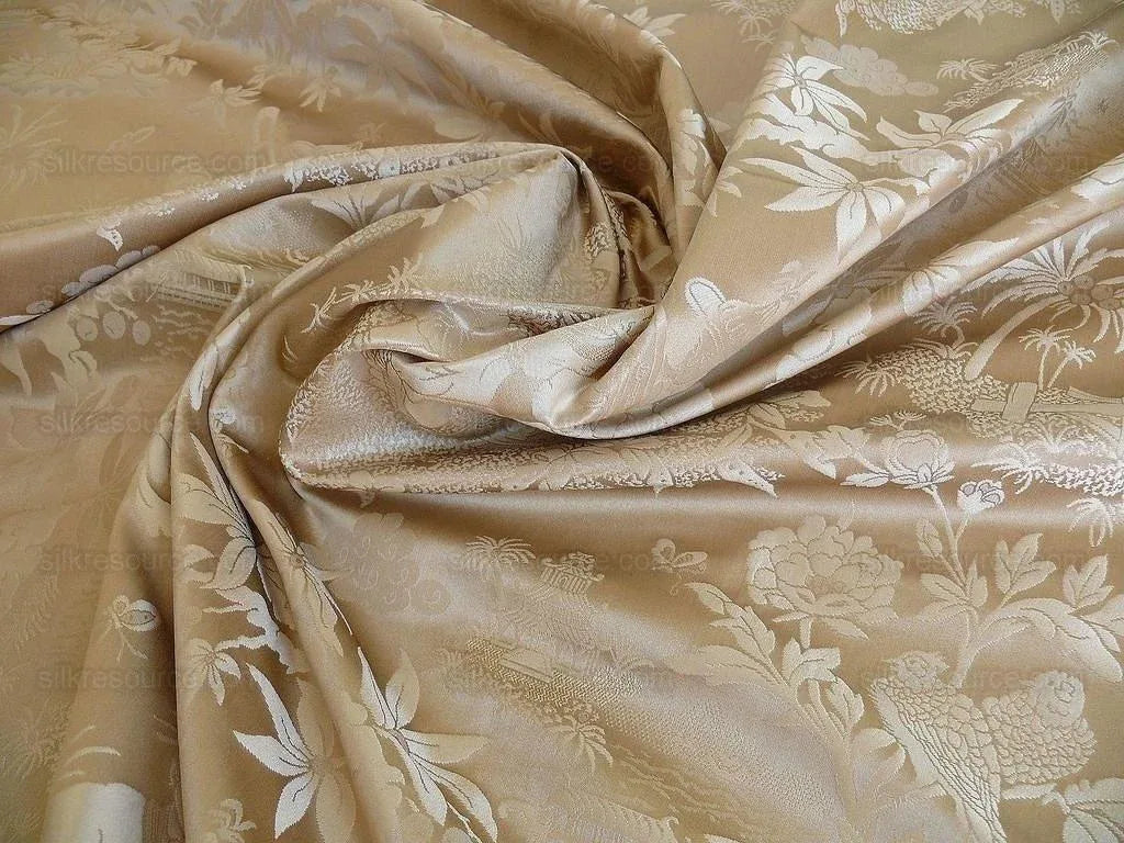 Bty 100% Silk Damask Chinoiserie Music Garden "whitegold"