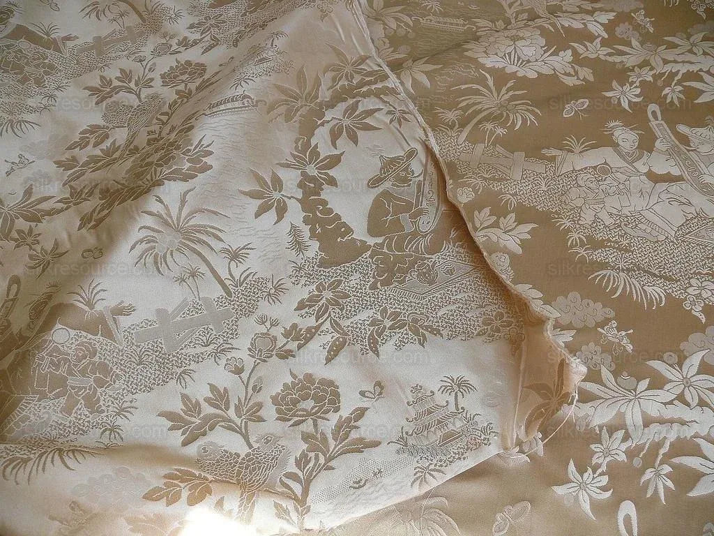 Bty 100% Silk Damask Chinoiserie Music Garden "whitegold"