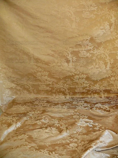 Bty 100% Silk Damask Chinoiserie Music Garden "whitegold"