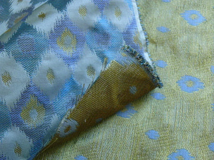 High End 100% Silk Lampas "sapphire" Blue Peacock Diamond Chartreuse Green Harlequin