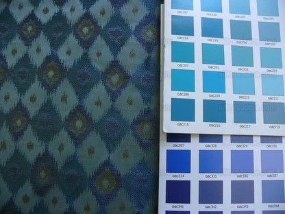 High End 100% Silk Lampas "sapphire" Blue Peacock Diamond Chartreuse Green Harlequin