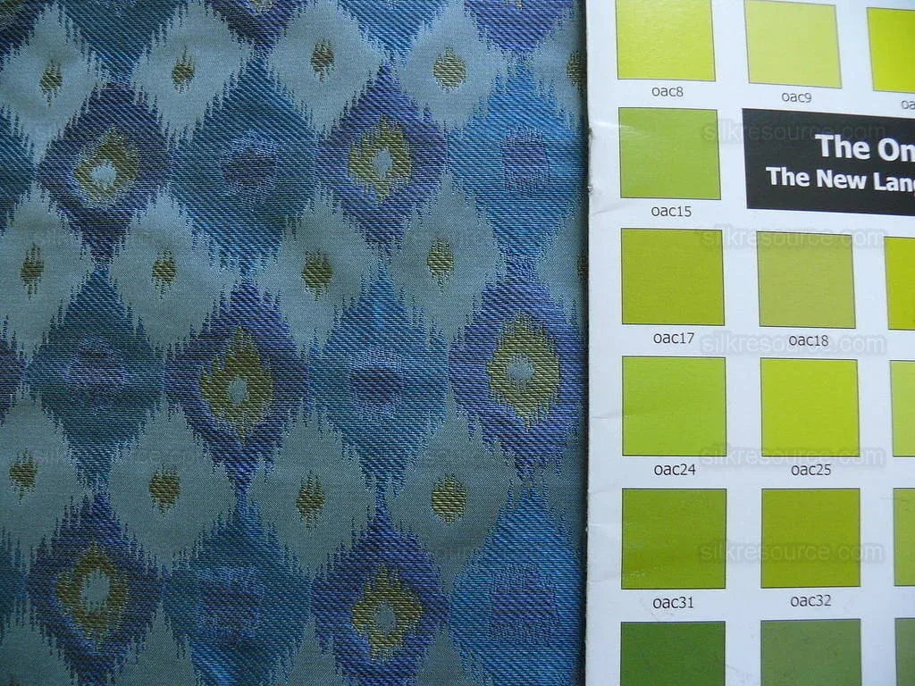 High End 100% Silk Lampas "sapphire" Blue Peacock Diamond Chartreuse Green Harlequin