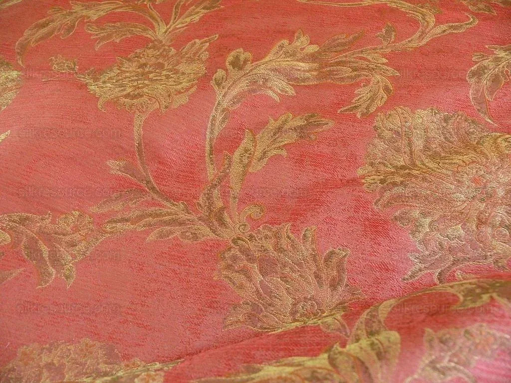 100% SILK LAMPAS LARGE PEONY PAISLEY "POMEGRANATE" RED