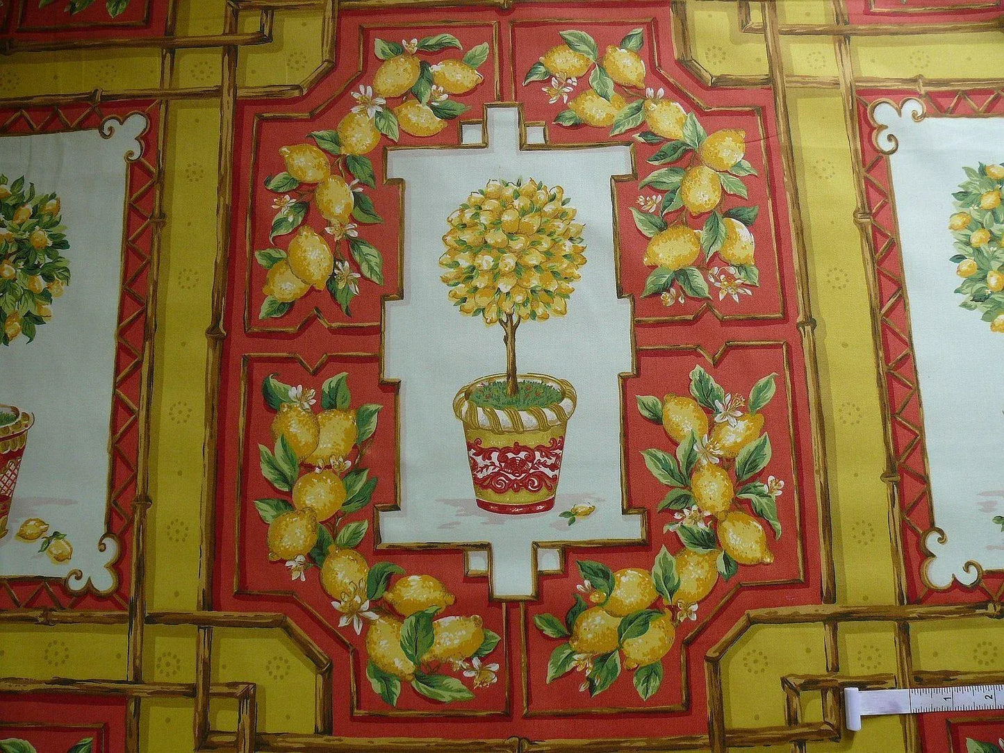 Tyler Hall "lemoncello" Lemon Tree Mandarin Bamboo Red Lattice On Cotton Satin Orangery Greenhouse by Dennis Lee