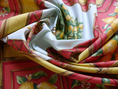 Tyler Hall "lemoncello" Lemon Tree Mandarin Bamboo Red Lattice On Cotton Satin Orangery Greenhouse by Dennis Lee