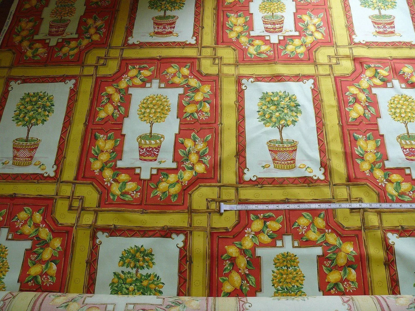 Tyler Hall "lemoncello" Lemon Tree Mandarin Bamboo Red Lattice On Cotton Satin Orangery Greenhouse by Dennis Lee