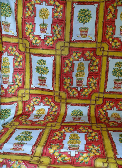Tyler Hall "lemoncello" Lemon Tree Mandarin Bamboo Red Lattice On Cotton Satin Orangery Greenhouse by Dennis Lee