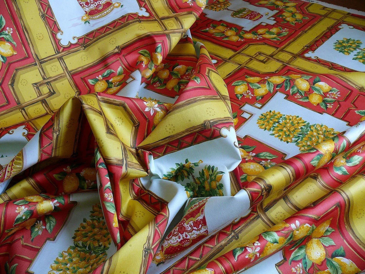 Tyler Hall "lemoncello" Lemon Tree Mandarin Bamboo Red Lattice On Cotton Satin Orangery Greenhouse by Dennis Lee