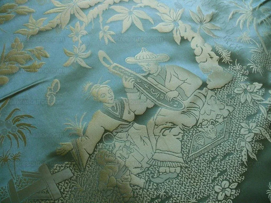 100% SILK DAMASK CHINOISERIE MUSIC GARDEN "MYRTLE" TURQUOISE BTY