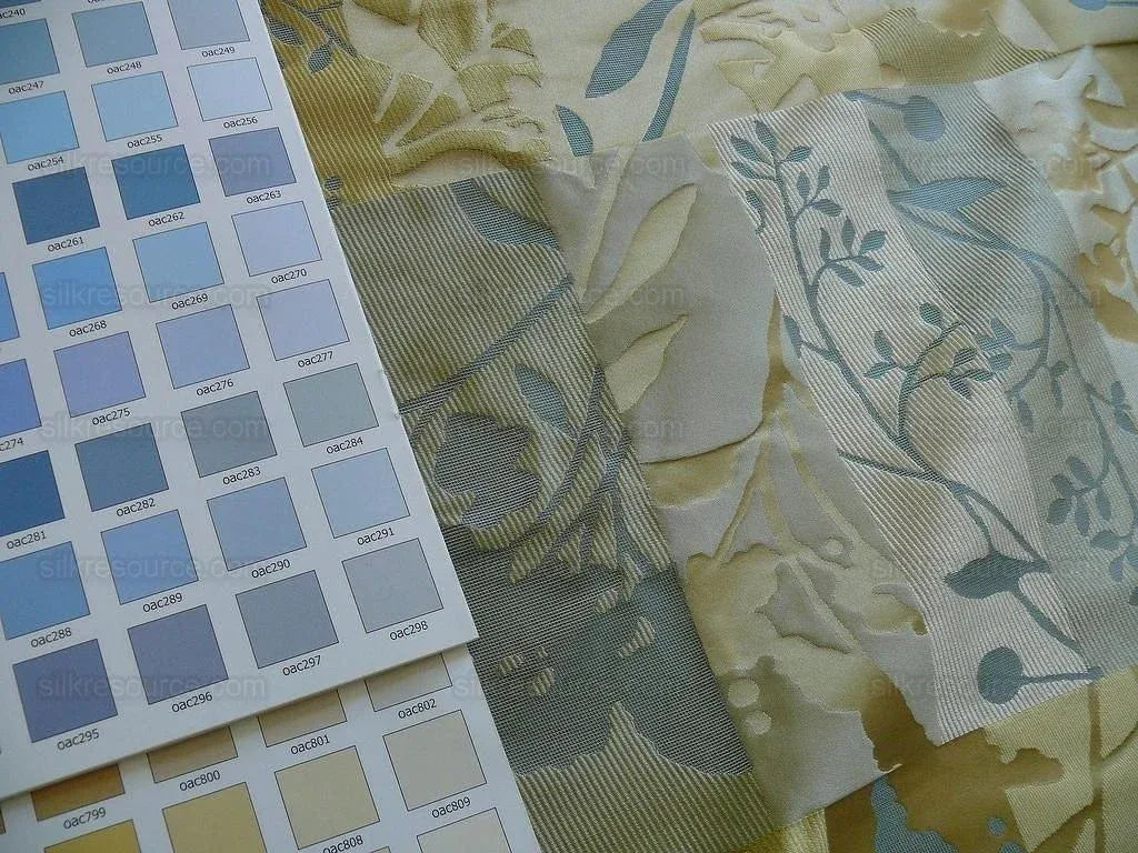 High End Art Nouveau100% Silk Lampas Botanical Silhouette Rectangles "spring" Gold Blue Green