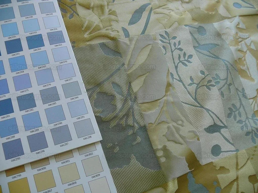 High End Art Nouveau100% Silk Lampas Botanical Silhouette Rectangles "spring" Gold Blue Green