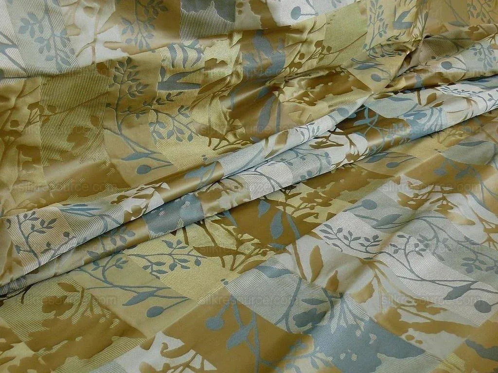 High End Art Nouveau100% Silk Lampas Botanical Silhouette Rectangles "spring" Gold Blue Green