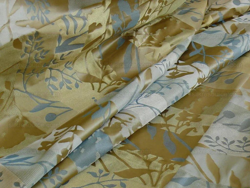 High End Art Nouveau100% Silk Lampas Botanical Silhouette Rectangles "spring" Gold Blue Green