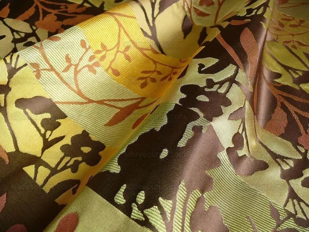 100% SILK LAMPAS BOTANICAL SILHOUETTE RECTANGLES "OLIVE" BROWN