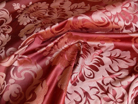 100% SILK DAMASK RAW TEXTURE FLORAL "TERAROSE" RED