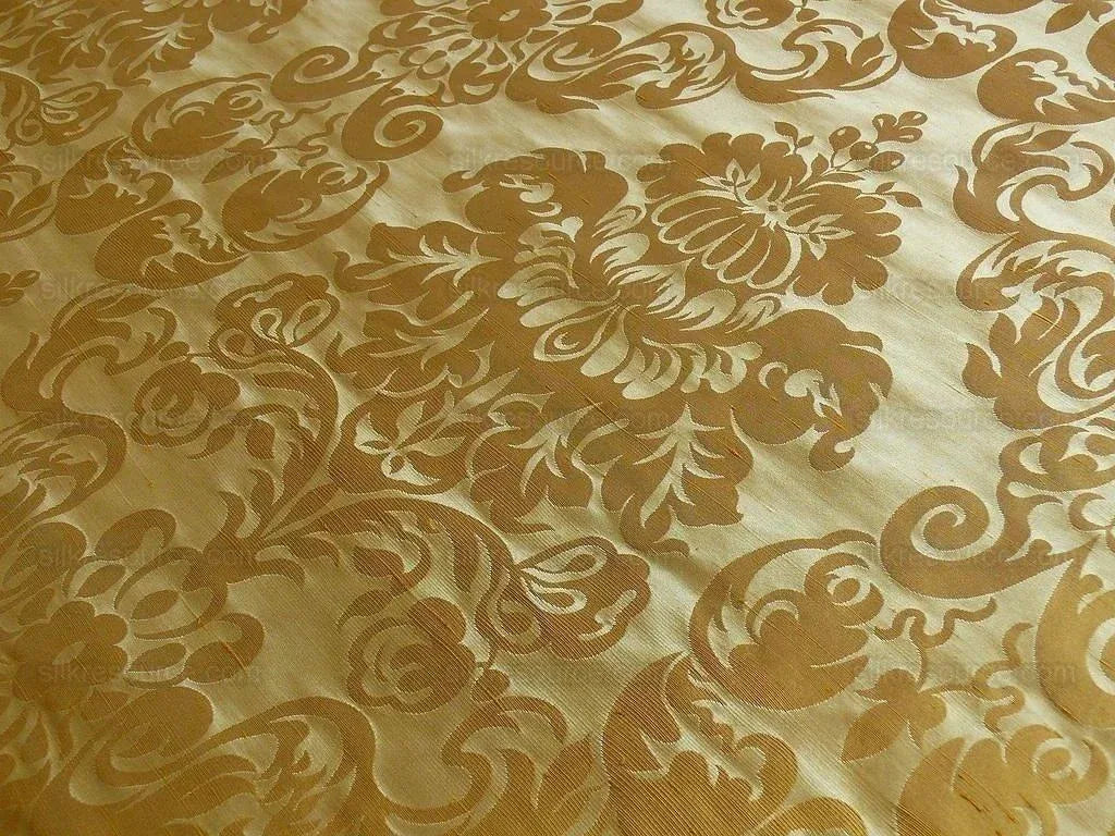 100% SILK DAMASK RAW TEXTURE FLORAL "GOLDENROD" GOLD