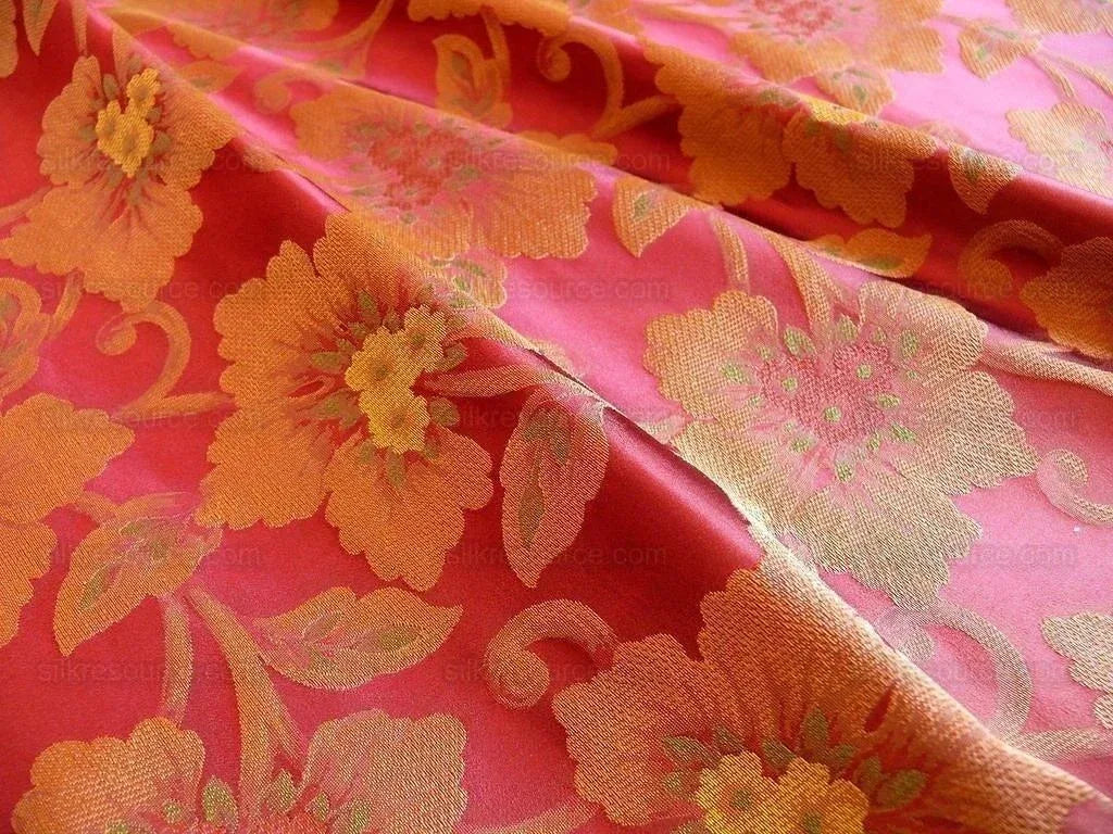 100% SILK LAMPAS TRI-LEAF FLOWER "MANDARIN" RED