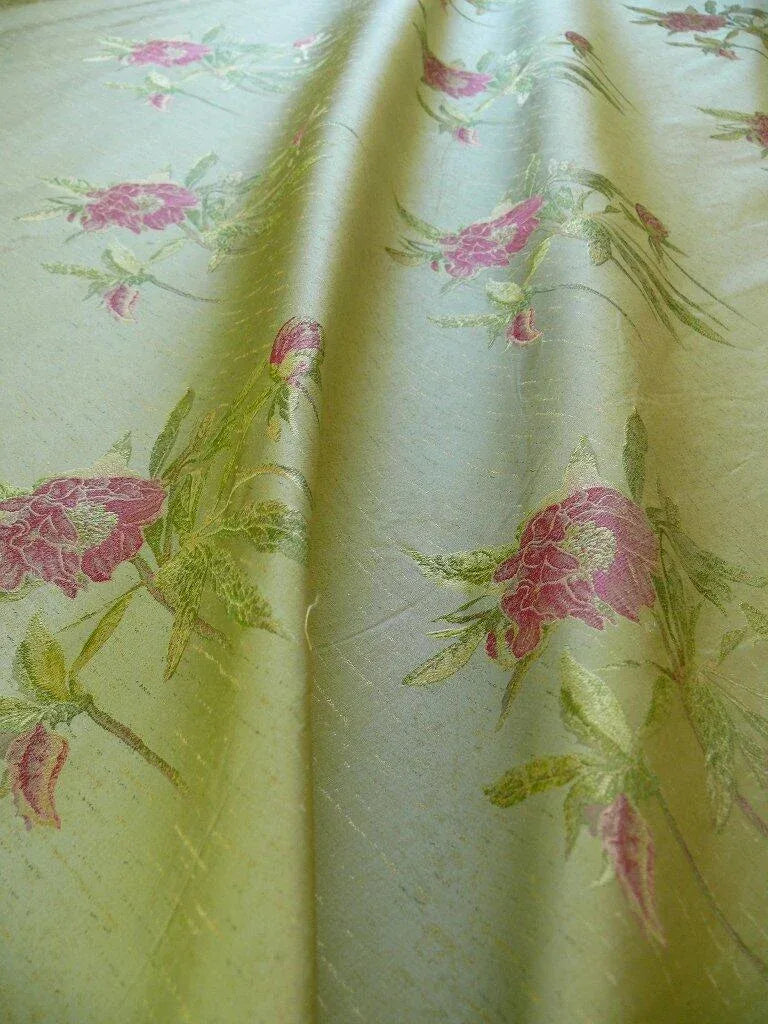 HEAVY SILK LAMPAS PEONY BUDS in GOLDEN DRIZZLE PINK "CHARTREUSE"