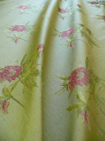 HEAVY SILK LAMPAS PEONY BUDS in GOLDEN DRIZZLE PINK "CHARTREUSE"