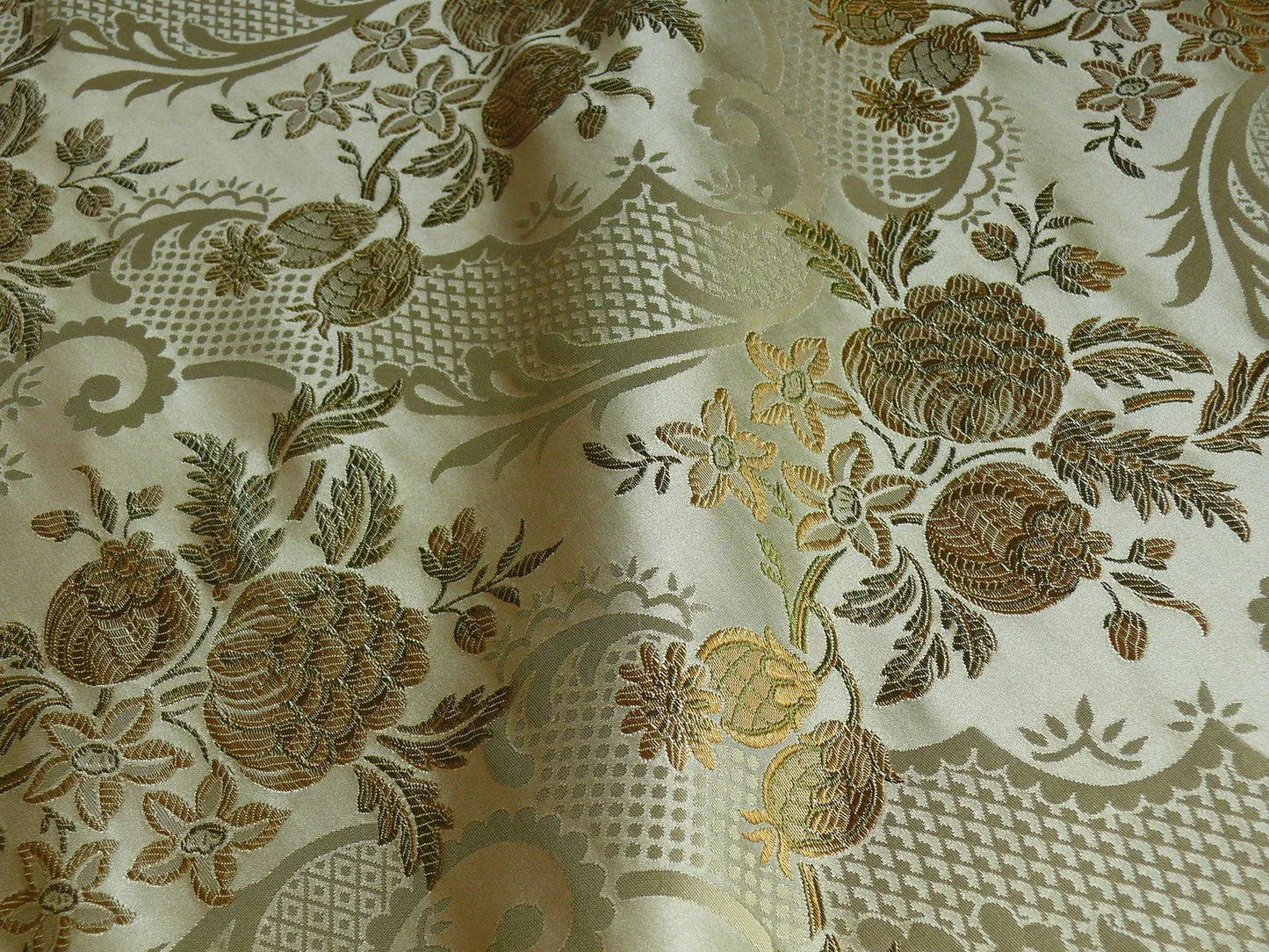 High End Pomegranate Rose Lace 100% silk Lampas Olive Green "moss" Gold -By The Yard