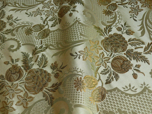 High End Pomegranate Rose Lace 100% silk Lampas Olive Green "moss" Gold -By The Yard