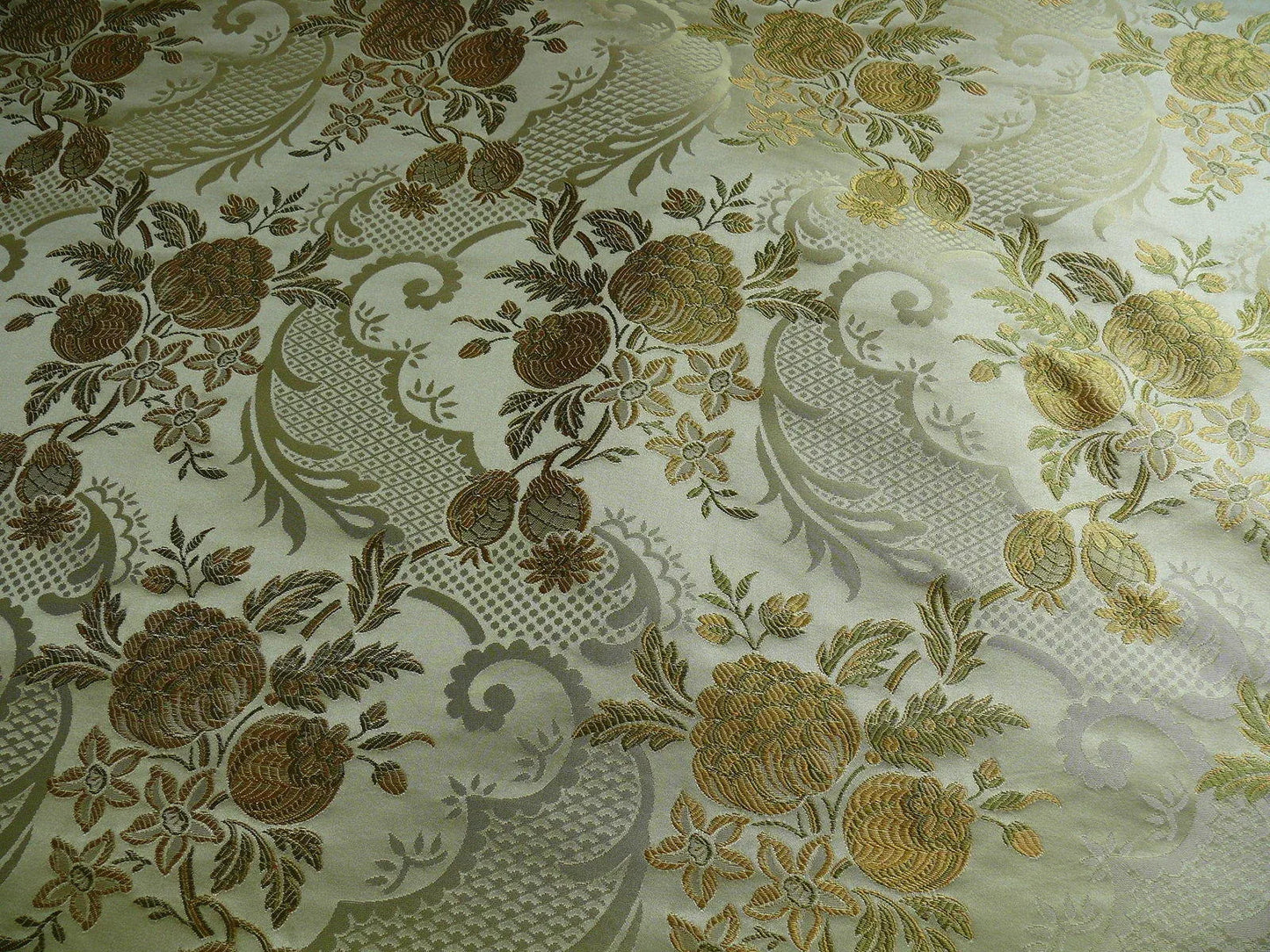 High End Pomegranate Rose Lace 100% silk Lampas Olive Green "moss" Gold -By The Yard