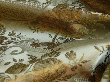 High End Pomegranate Rose Lace 100% silk Lampas Olive Green "moss" Gold -By The Yard