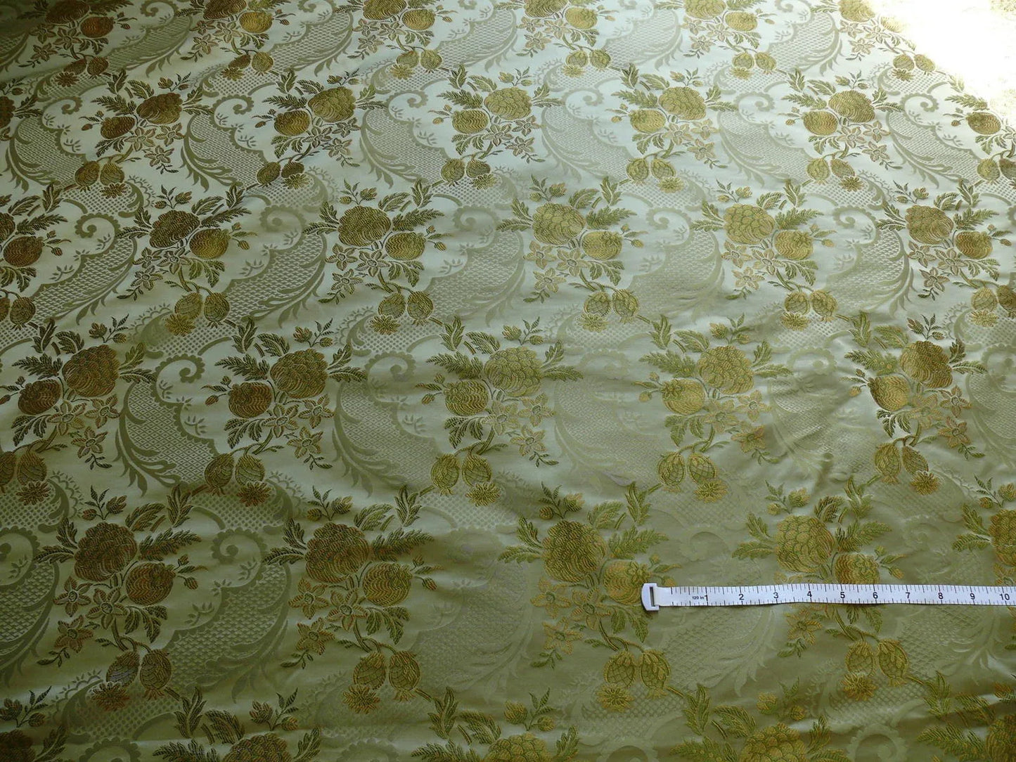 High End Pomegranate Rose Lace 100% silk Lampas Olive Green "moss" Gold -By The Yard