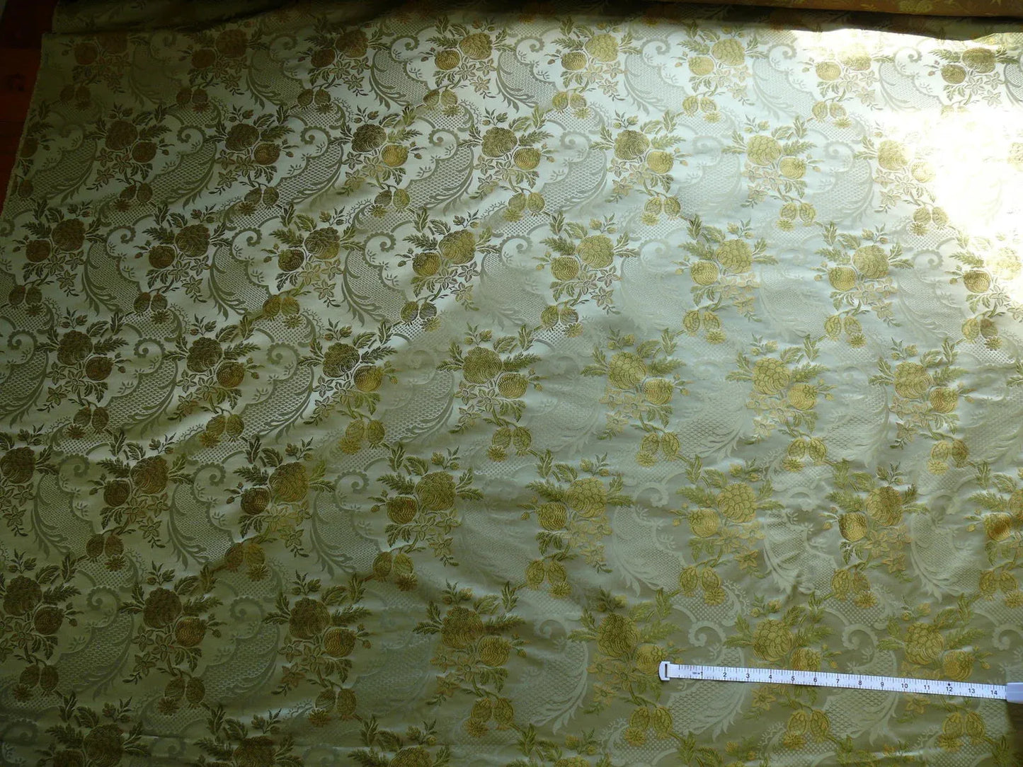 High End Pomegranate Rose Lace 100% silk Lampas Olive Green "moss" Gold -By The Yard