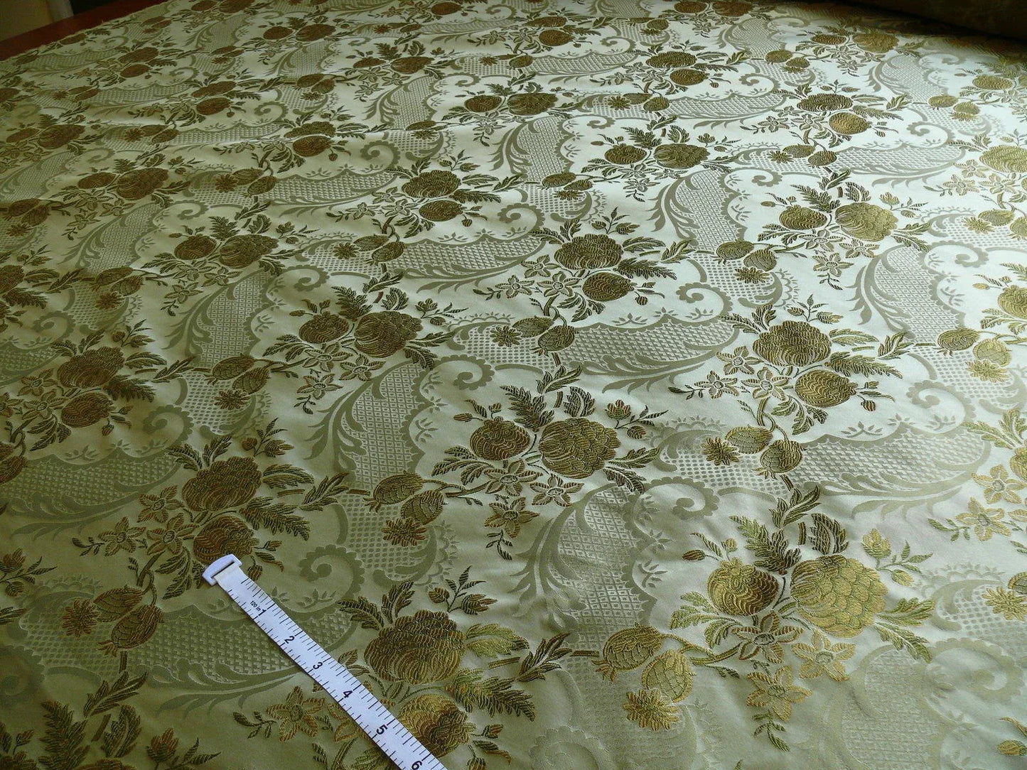 High End Pomegranate Rose Lace 100% silk Lampas Olive Green "moss" Gold -By The Yard