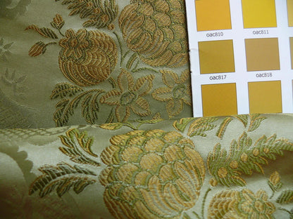 High End Pomegranate Rose Lace 100% silk Lampas Olive Green "moss" Gold -By The Yard