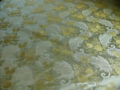 High End Pomegranate Rose Lace 100% silk Lampas Olive Green "moss" Gold -By The Yard