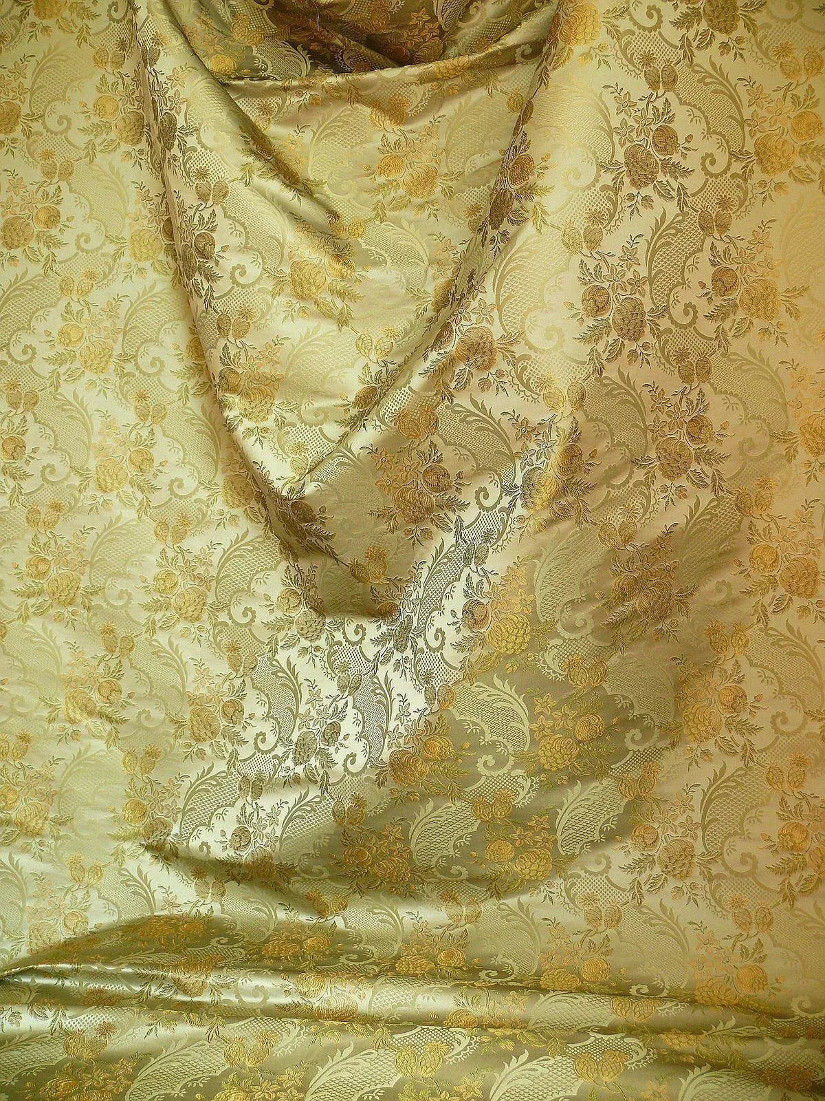 High End Pomegranate Rose Lace 100% silk Lampas Olive Green "moss" Gold -By The Yard