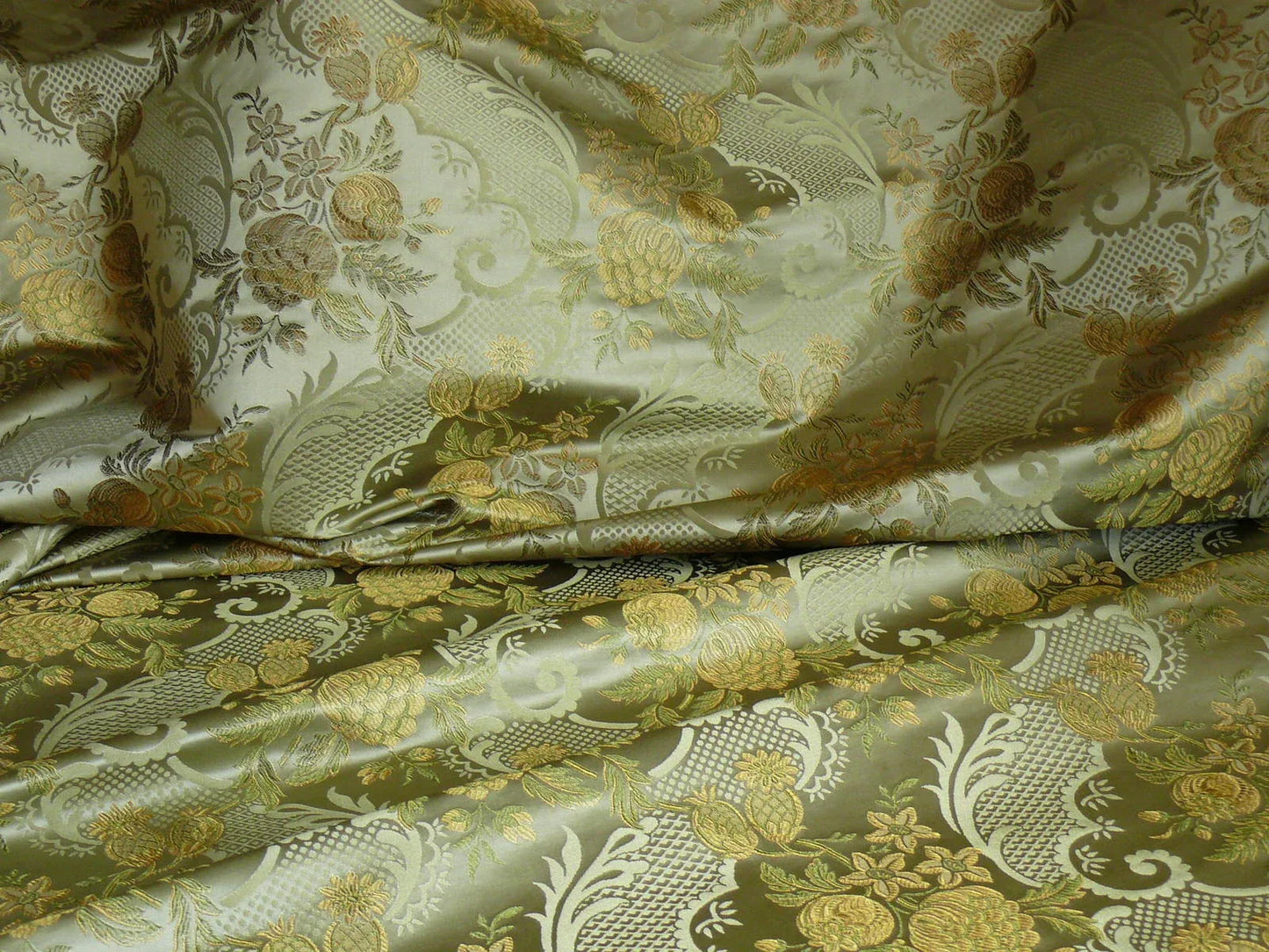 High End Pomegranate Rose Lace 100% silk Lampas Olive Green "moss" Gold -By The Yard