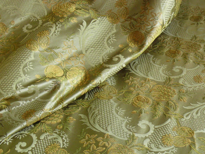 High End Pomegranate Rose Lace 100% silk Lampas Olive Green "moss" Gold -By The Yard