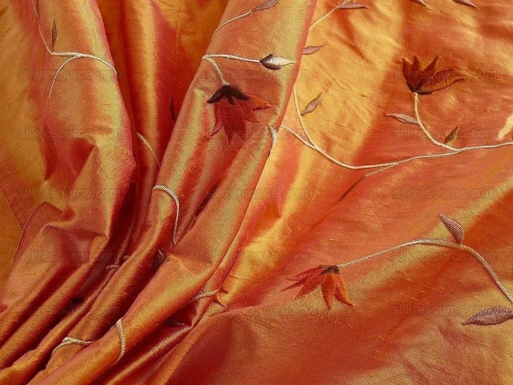 100% SILK EMBROIDERY VINE BRIGHT ORANGE w ROSE SHOT