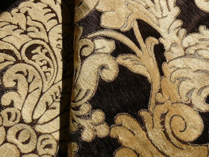 By Yard Grand Medallion Renaissance Damask Chenille Black Espresso/ Copper Gold Heavy Majestic