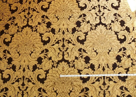 By Yard Grand Medallion Renaissance Damask Chenille Black Espresso/ Copper Gold Heavy Majestic