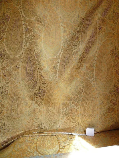 100% Silk Lampas Cashmere Paisley Seaside Blue Gold By Yard
