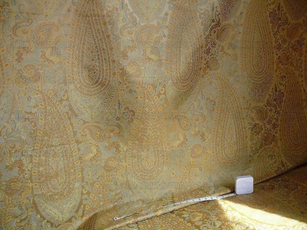 100% Silk Lampas Cashmere Paisley Seaside Blue Gold By Yard