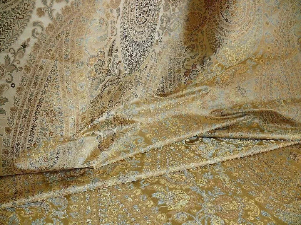 100% Silk Lampas Cashmere Paisley Seaside Blue Gold By Yard