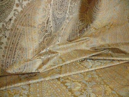 100% Silk Lampas Cashmere Paisley Seaside Blue Gold By Yard