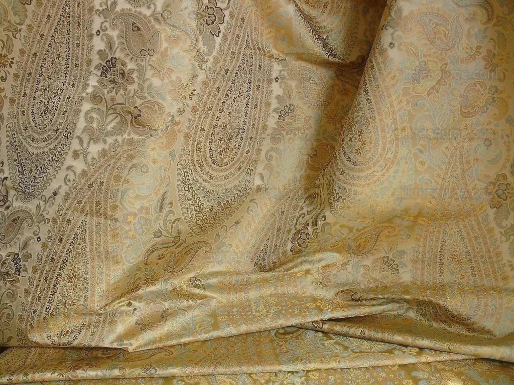 100% Silk Lampas Cashmere Paisley Seaside Blue Gold By Yard