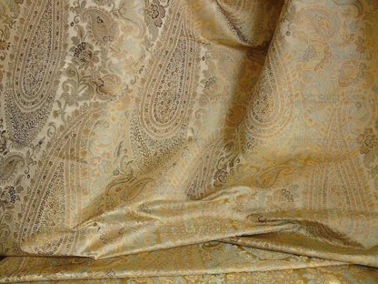 100% Silk Lampas Cashmere Paisley Seaside Blue Gold By Yard