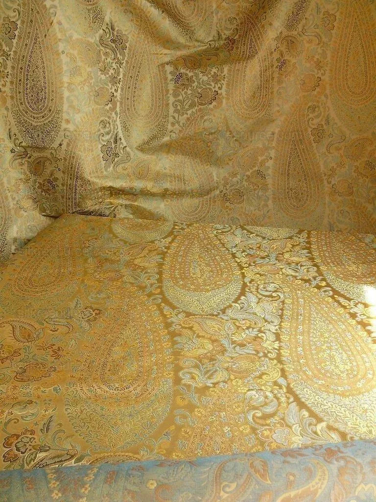 100% Silk Lampas Cashmere Paisley Seaside Blue Gold By Yard